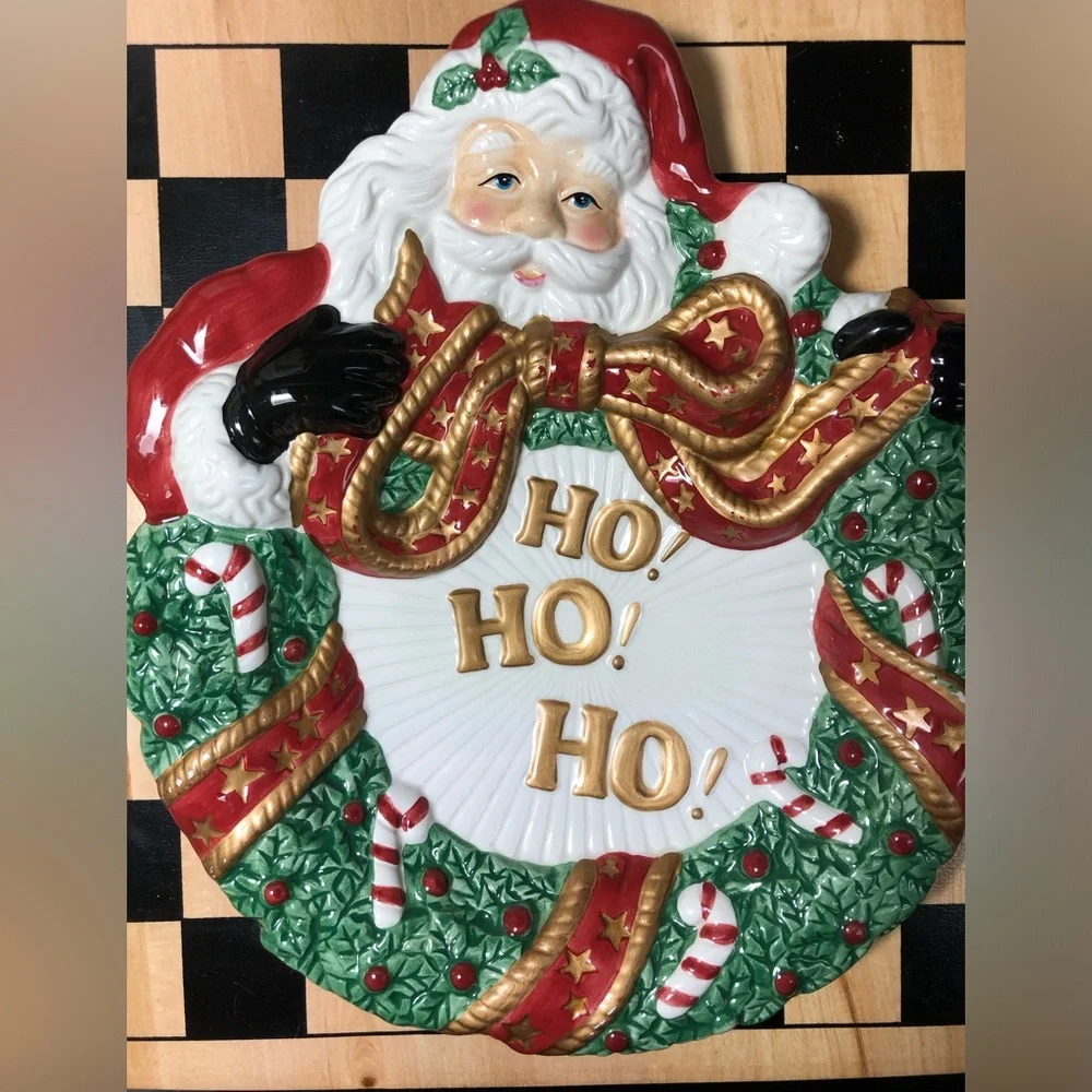 Fitz and Floyd Essentials Santa with Wreath Canape Plate Ceramic Ho! Ho! Ho!